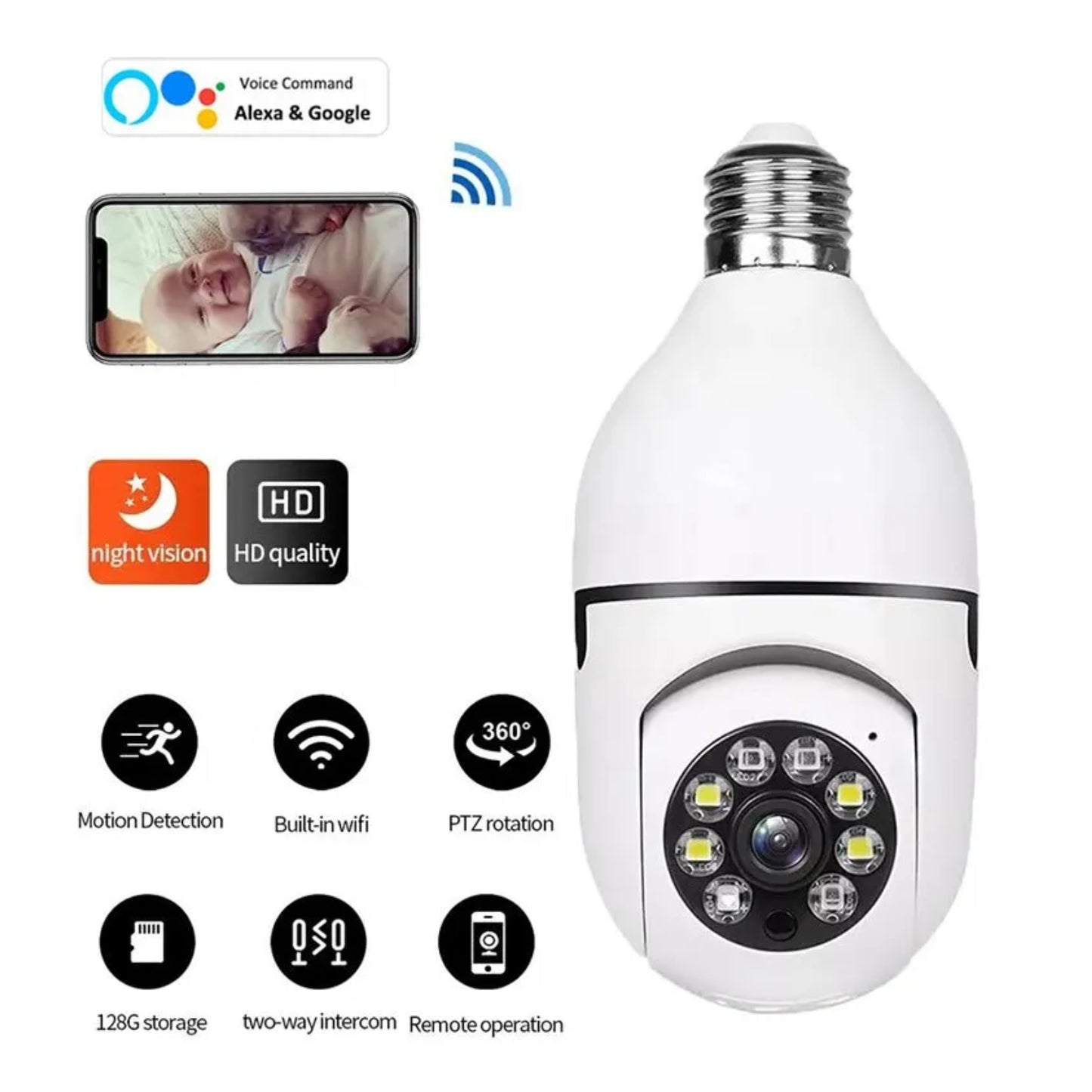 FU Foco Camara de Seguridad de 360° con Wifi Full HD Compatible con Alexa y Google