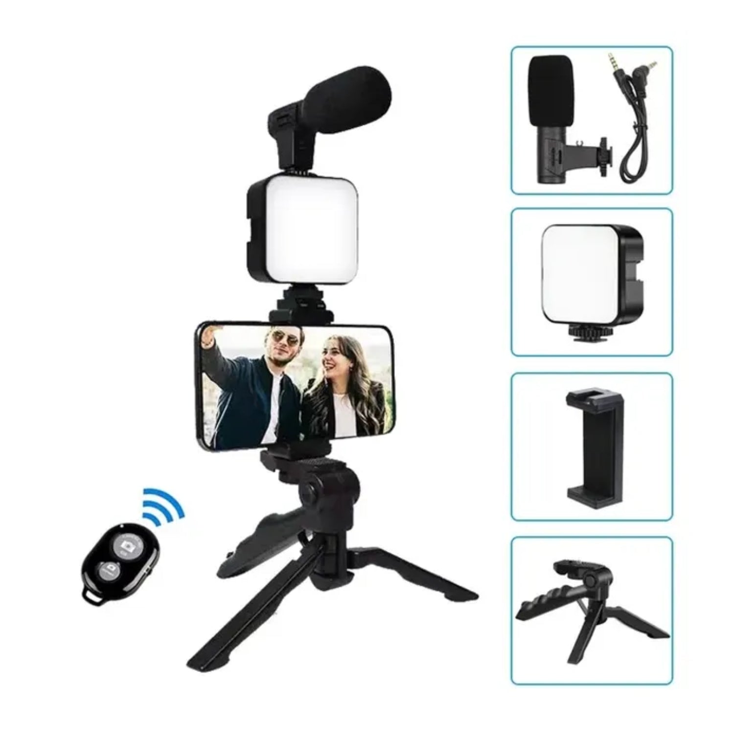 Kit de influencer Tripode, luz, microfono, soporte para telefono y  control remoto bluetooth