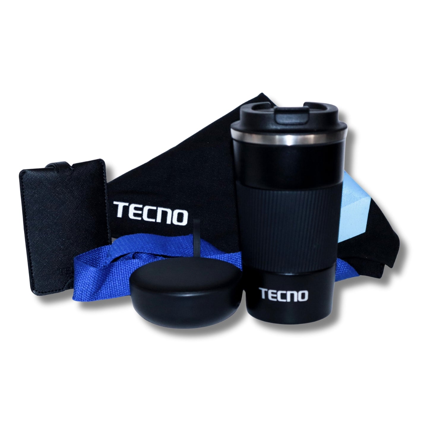 Pack viajero Tecno 4 en 1 vaso termico, parlante bluetooth, bolsa de tela y etiqueta para nombre