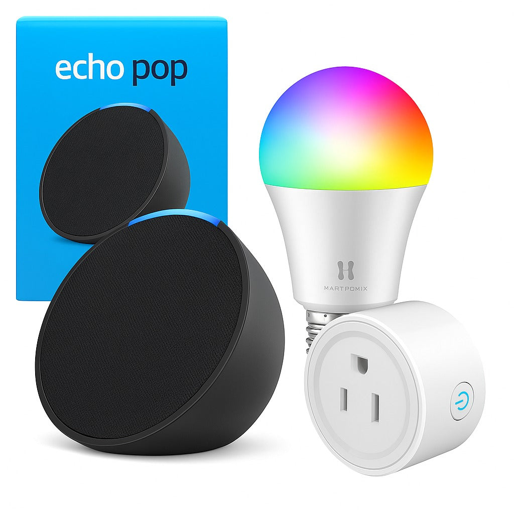 PACK SMART: Parlante Echo Pop Negro + Foco Inteligente + Enchufe