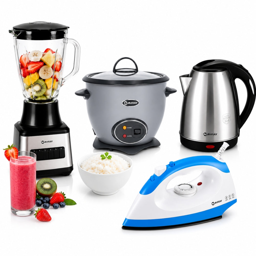 Combo Miray Licuadora 1.5L Negra + Olla Arrocera 1.5L Gris + Hervidor 1.8L Gris + Plancha 1200W Azul