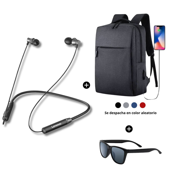 FU Audifonos Bluetooth Lenovo HE05 + Mochila Portalaptop + Lentes de regalo