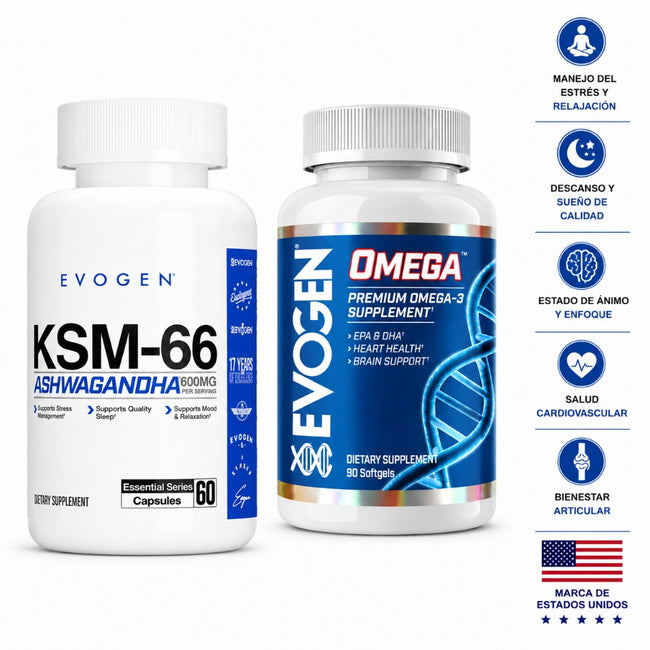 Combo Evogen Omega 3 Fish Oil 3000mg 90 Cápsulas EPA 1200mg DHA 900mg + Ashwagandha KSM-66 600mg 60 Cápsulas