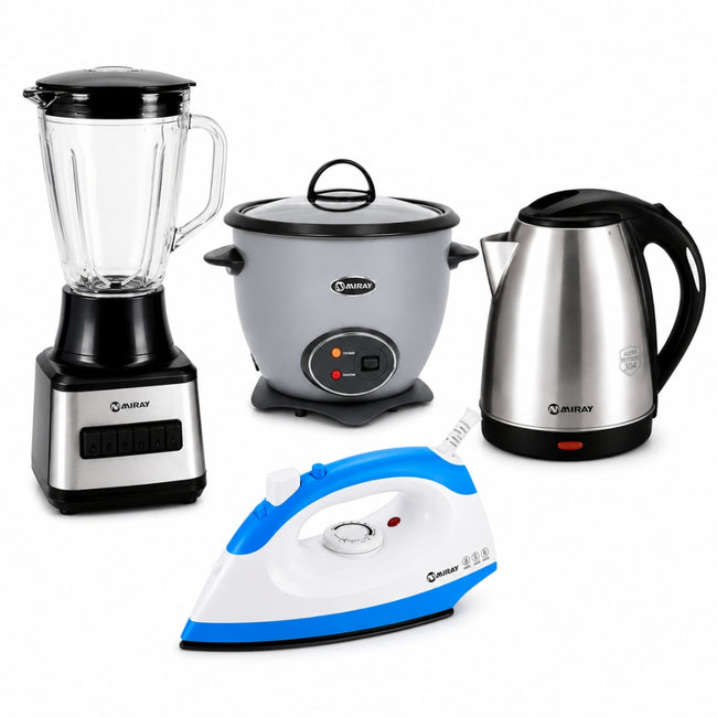 Combo Miray Licuadora 1.5L Negra + Olla Arrocera 1.5L Gris + Hervidor 1.8L Gris + Plancha 1200W Azul