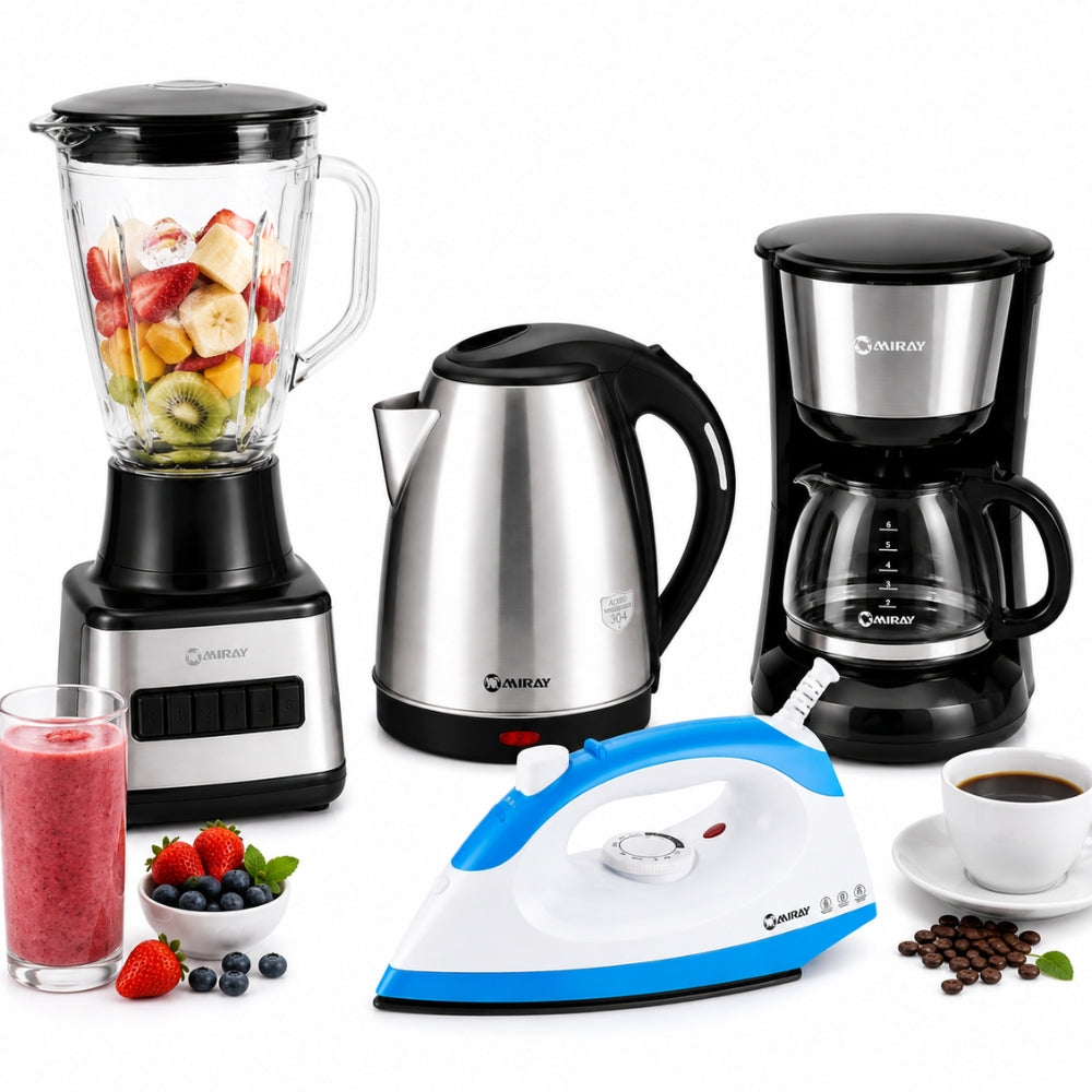 Combo Miray Licuadora 1.5L Negra + Hervidor 1.8L Gris + Cafetera 6 Tazas Negra + Plancha 1200W Azul