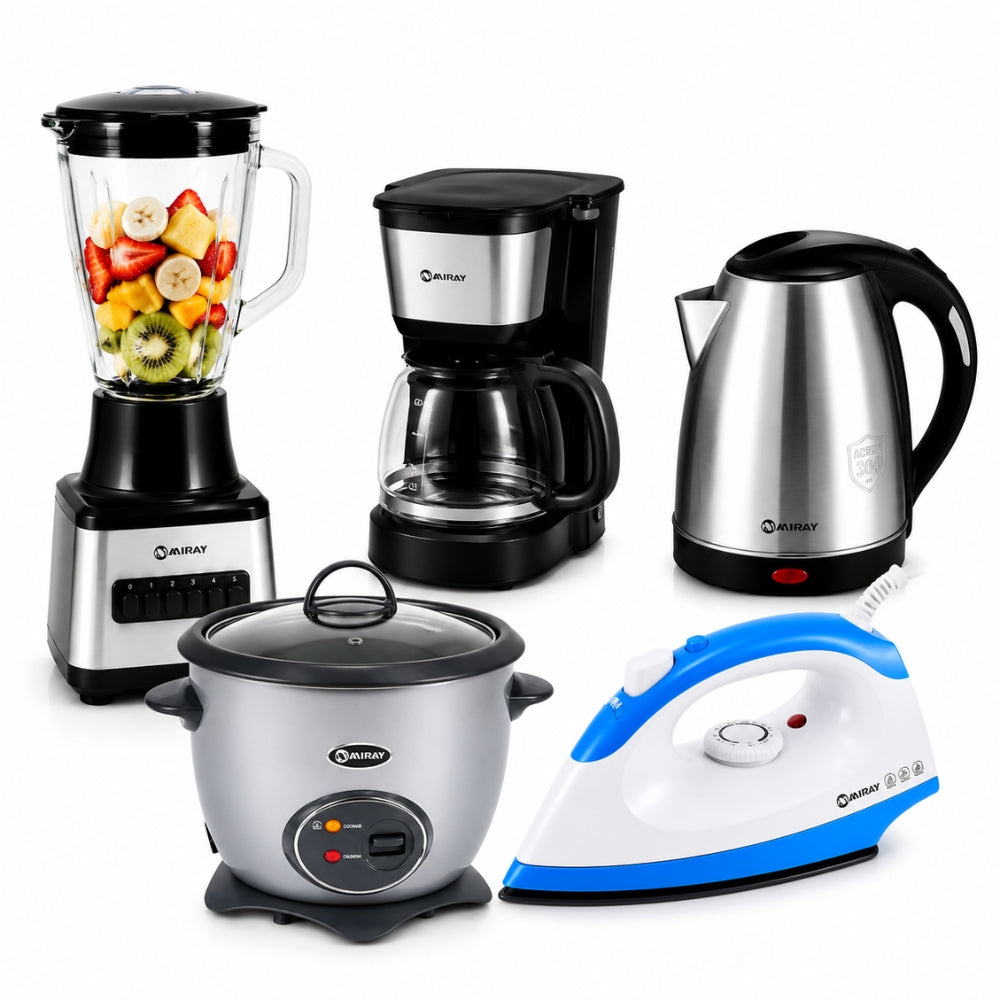 Pentacombo Miray Licuadora 1.5L Negra + Hervidor 1.8L Acero + Cafetera 6 Tazas Negra + Olla Arrocera 1.5L Plateada + Plancha 1200W Azul