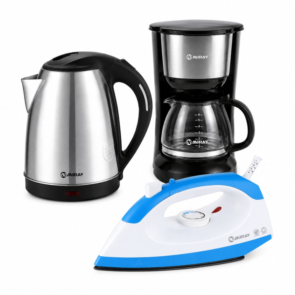 Combo Miray Hervidor 1.8L Gris + Cafetera 6 Tazas Negra + Plancha 1200W Azul