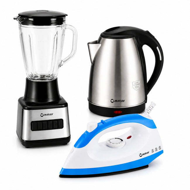 Combo Miray Licuadora 1.5L Negra + Hervidor 1.8L Gris + Plancha 1200W Azul