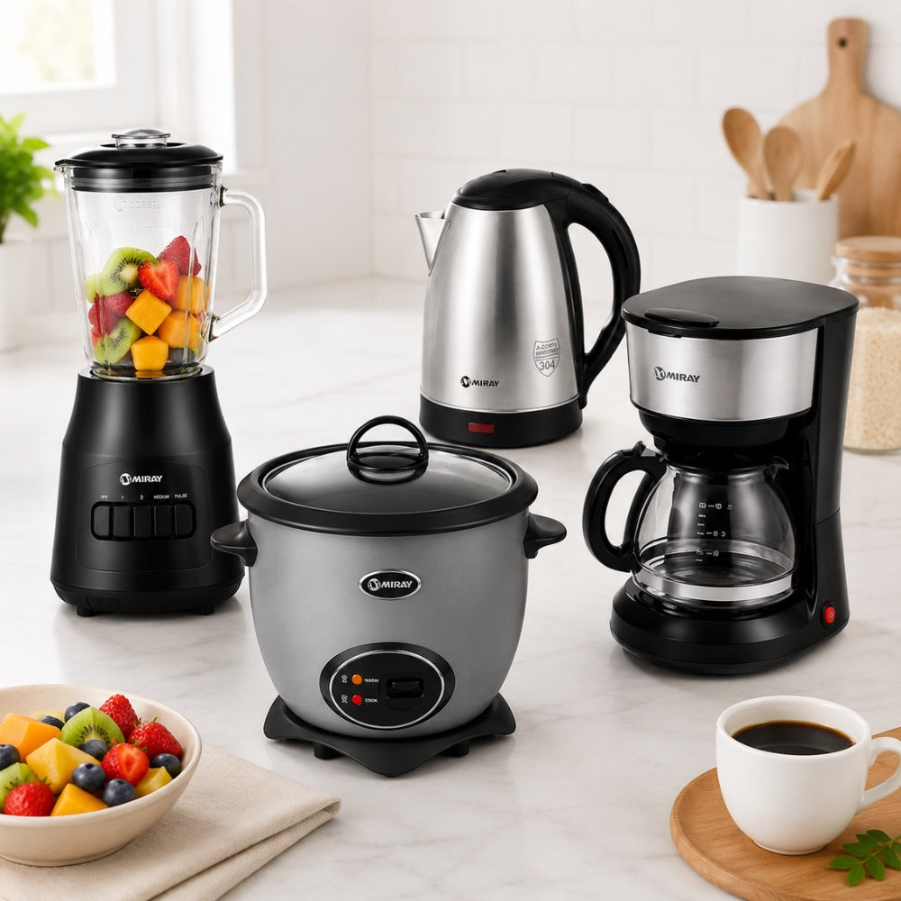 Combo Miray Olla Arrocera Gris 1.5L + Licuadora 1.5L 600W + Hervidor 1.8 Litros Plata + Cafetera 6 Tazas