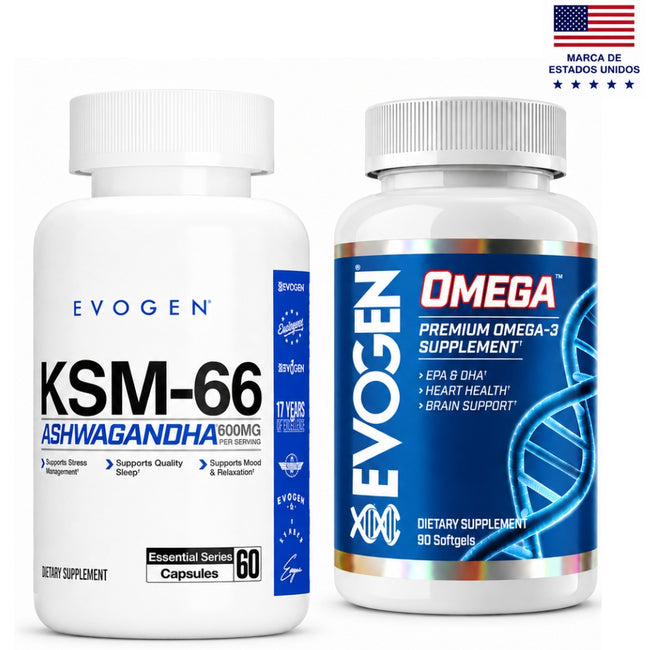 Combo Evogen Omega 3 Fish Oil 3000mg 90 Cápsulas EPA 1200mg DHA 900mg + Ashwagandha KSM-66 600mg 60 Cápsulas