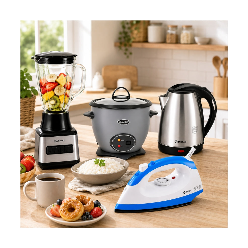 Combo Miray Licuadora 1.5L Negra + Olla Arrocera 1.5L Gris + Hervidor 1.8L Gris + Plancha 1200W Azul