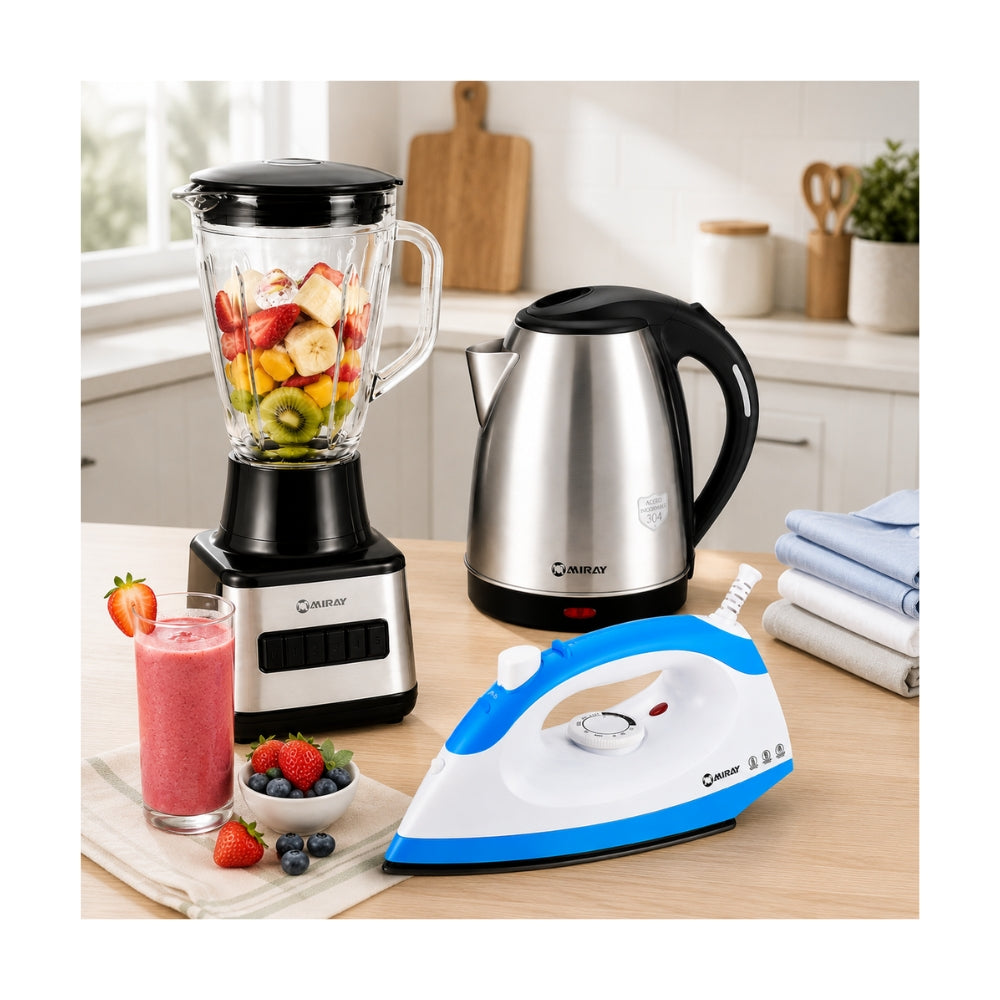 Combo Miray Licuadora 1.5L Negra + Hervidor 1.8L Gris + Plancha 1200W Azul