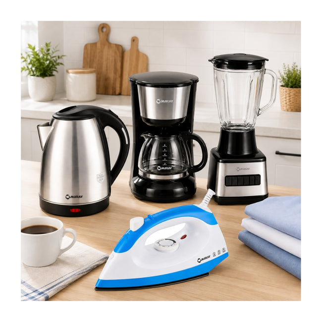 Combo Miray Licuadora 1.5L Negra + Hervidor 1.8L Gris + Cafetera 6 Tazas Negra + Plancha 1200W Azul