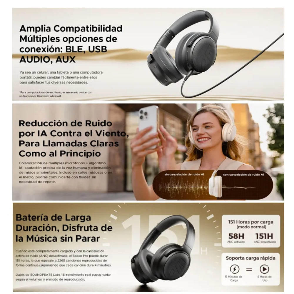Audifono Soundpeats Space Pro Negro Anc Hibrido