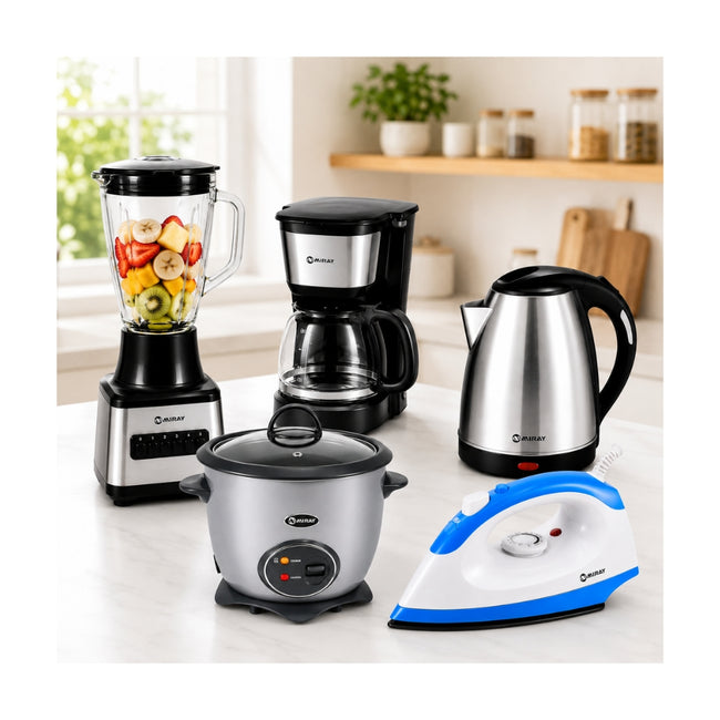 Pentacombo Miray Licuadora 1.5L Negra + Hervidor 1.8L Acero + Cafetera 6 Tazas Negra + Olla Arrocera 1.5L Plateada + Plancha 1200W Azul