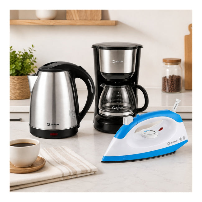 Combo Miray Hervidor 1.8L Gris + Cafetera 6 Tazas Negra + Plancha 1200W Azul