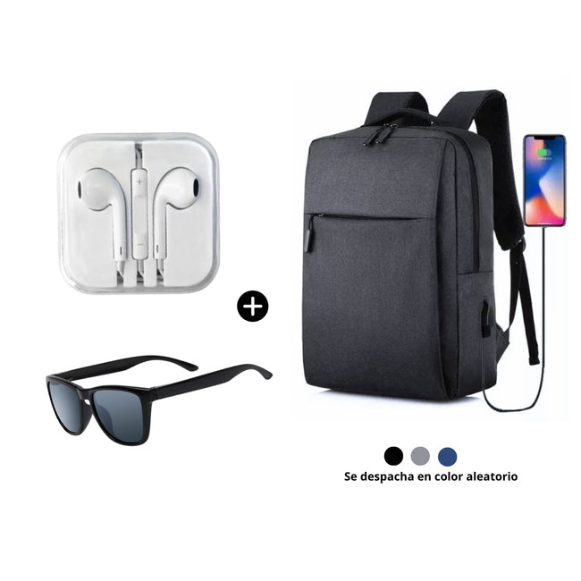 Mochila portalaptop + Audífonos jack 3.5 mm + Lentes de regalo - Beneficios