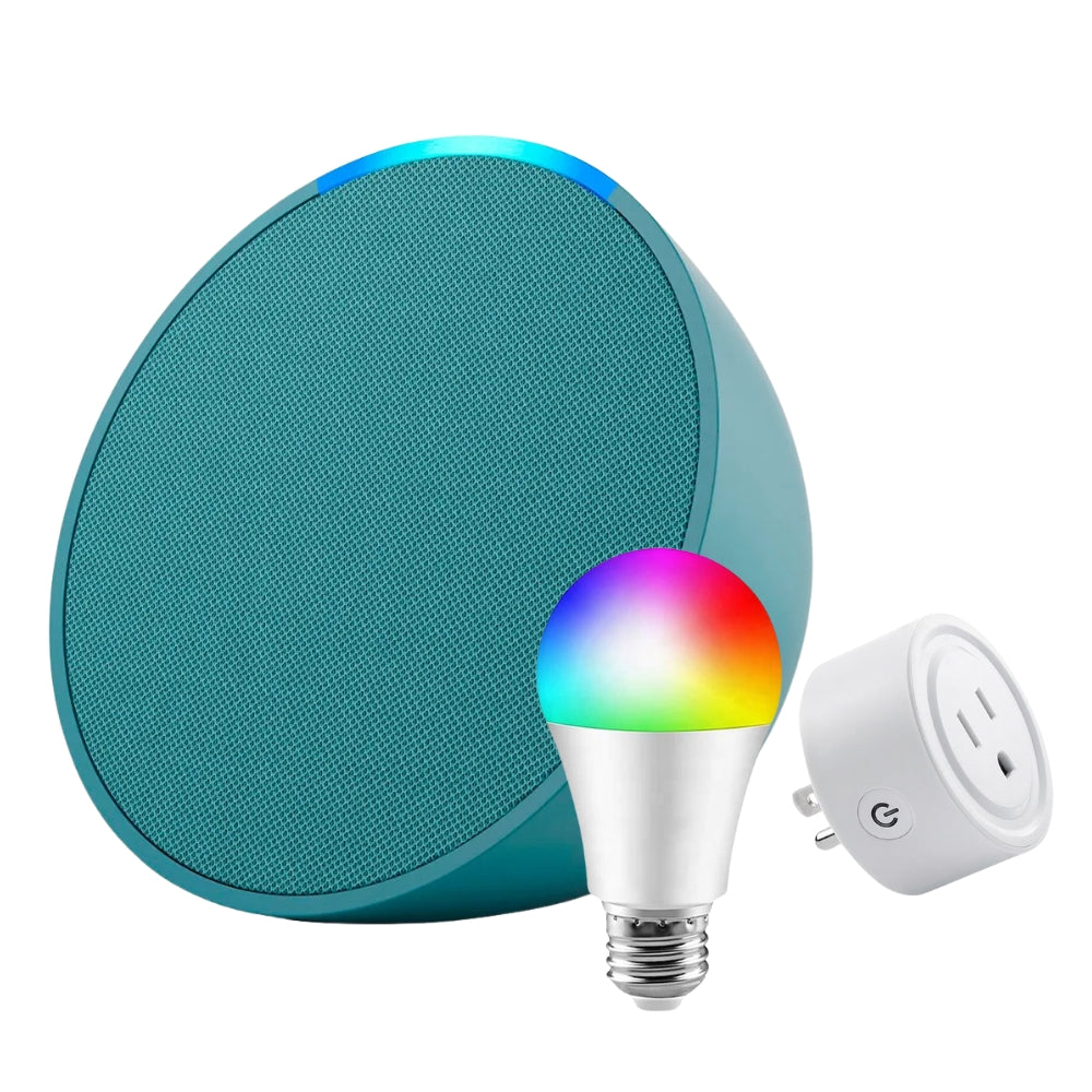 PACK SMART: Parlante Echo Pop Verde + Foco Inteligente + Enchufe