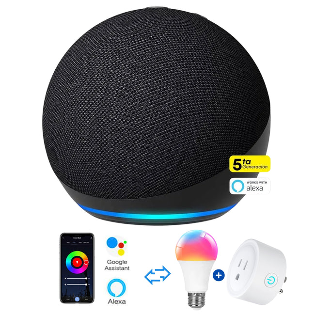 Amazon Alexa Echo Dot 5ta Gen Negro + Foco inteligente + Enchufe inteligente