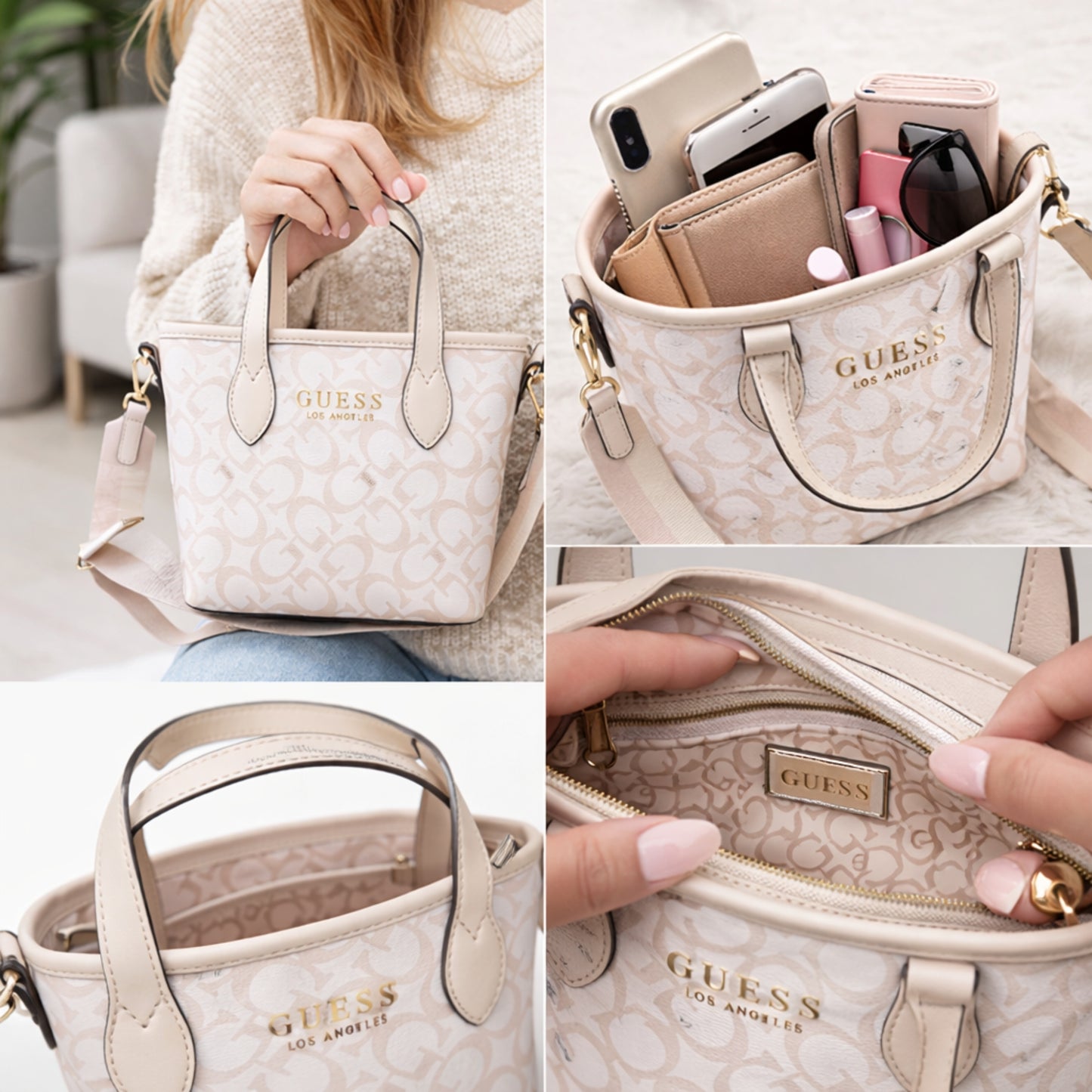 Cartera Guess Ashburn Mini Beige Monograma con Asas