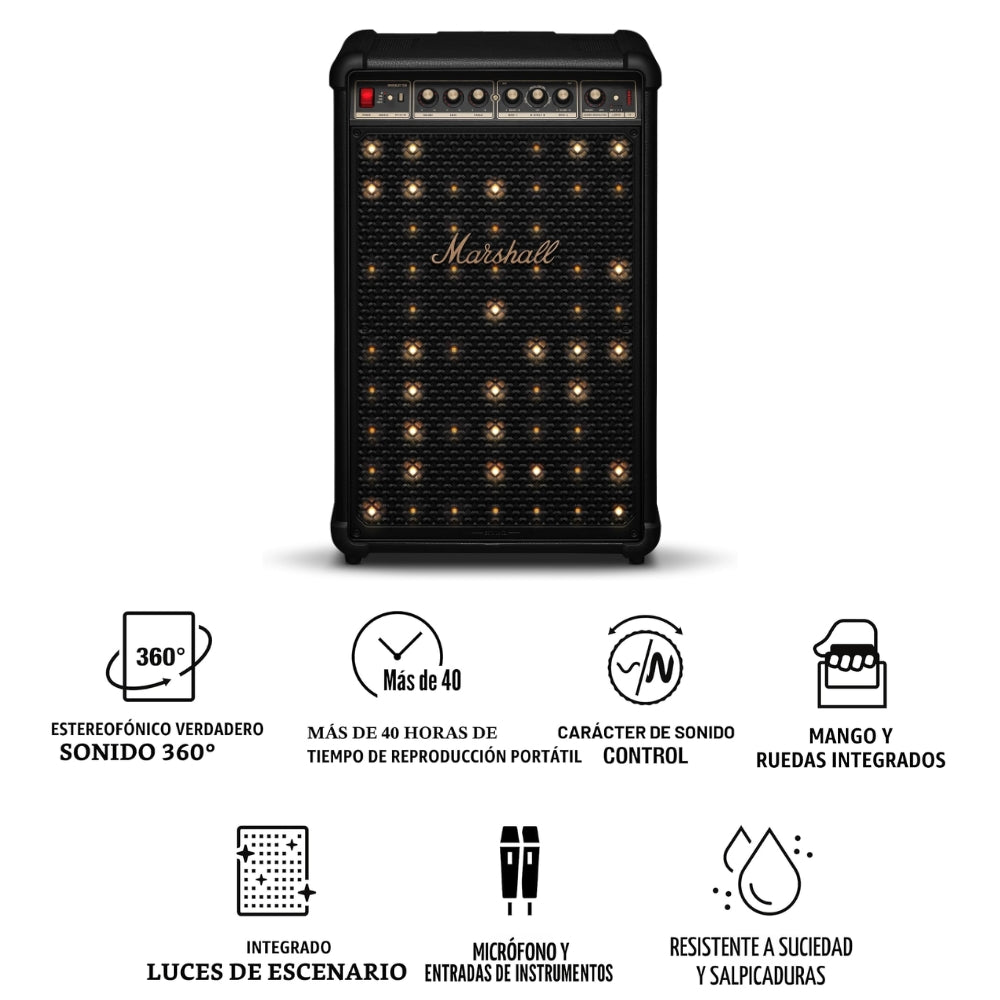 Parlante Marshall Bromley 750 Negro 40 horas 500W con luces y ruedas