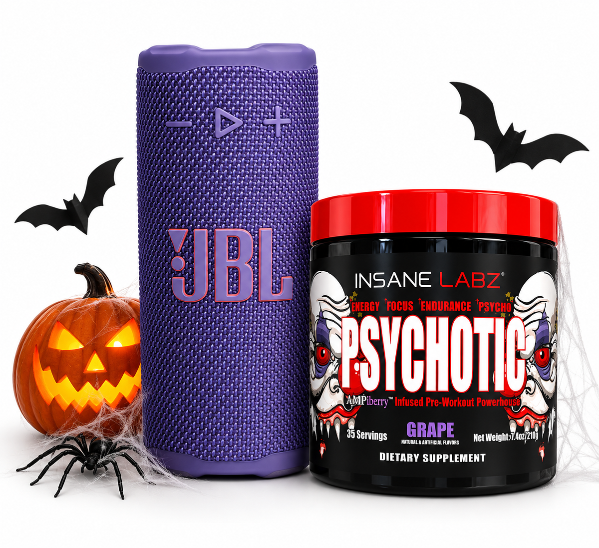 Combo Power Fit: Parlante JBL Grip Morado + Pre Entreno Insane Labz Psychotic 210G