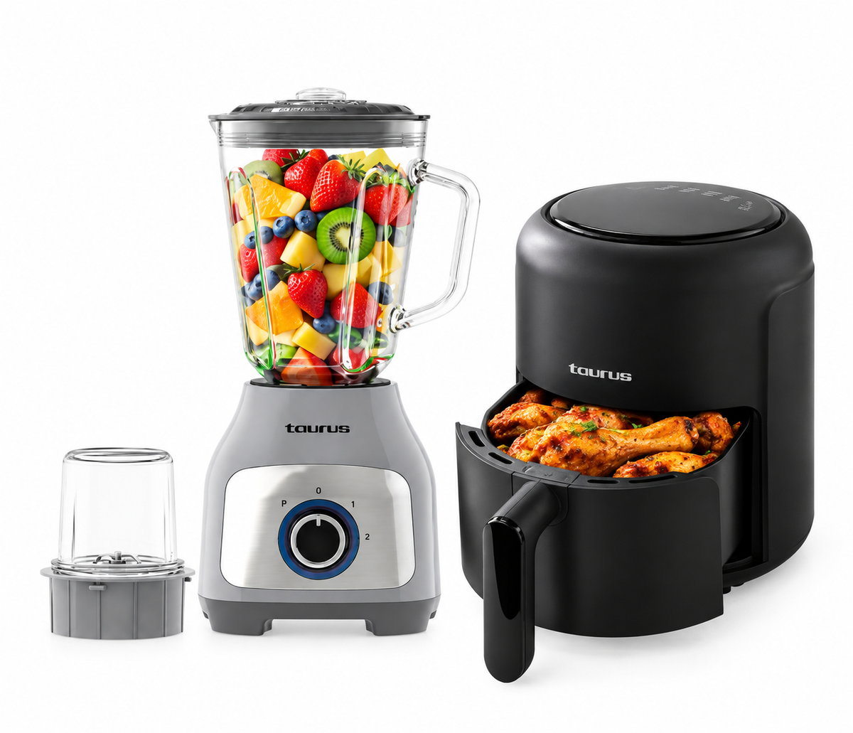 Taurus - Combo Freidora de Aire Black Fryer 2.6L + Licuadora Silver Premium 1.5L Negro y Plata Fry Force 360°