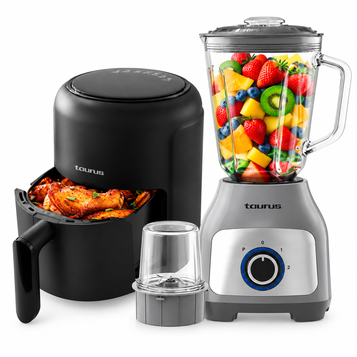 Taurus - Combo Freidora de Aire Black Fryer 2.6L + Licuadora Silver Premium 1.5L Negro y Plata Fry Force 360°