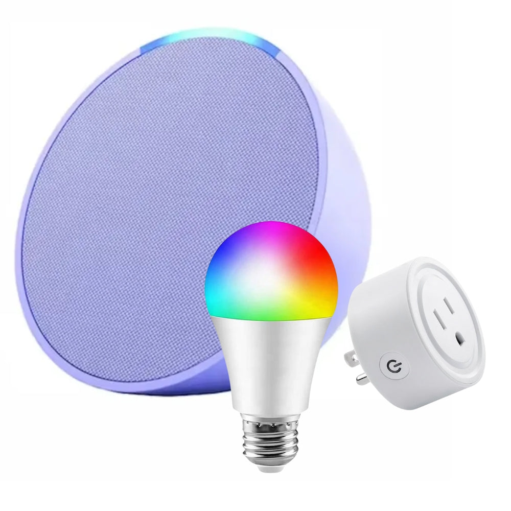 PACK SMART: Parlante Echo Pop Morado + Foco Inteligente + Enchufe