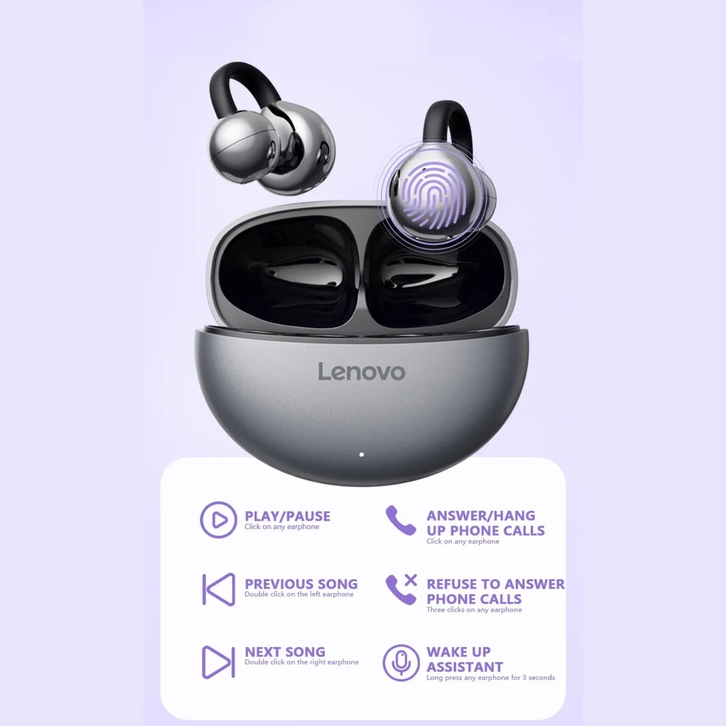 Audífono Lenovo TA410 Clip Ear Gris 24h Bluetooth 5.4