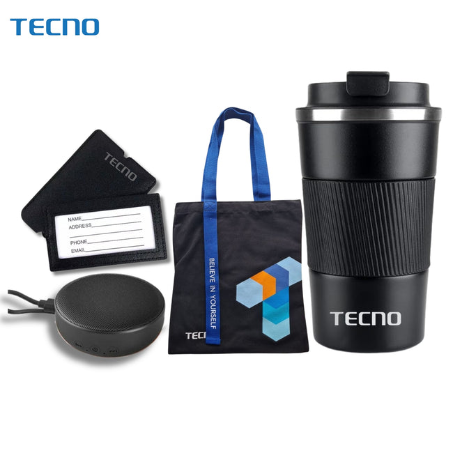 Pack viajero Tecno 4 en 1 vaso termico, parlante bluetooth, bolsa de tela y etiqueta para nombre