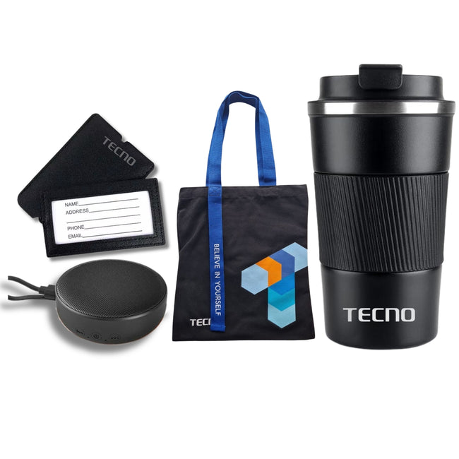 Pack viajero Tecno 4 en 1 vaso termico, parlante bluetooth, bolsa de tela y etiqueta para nombre