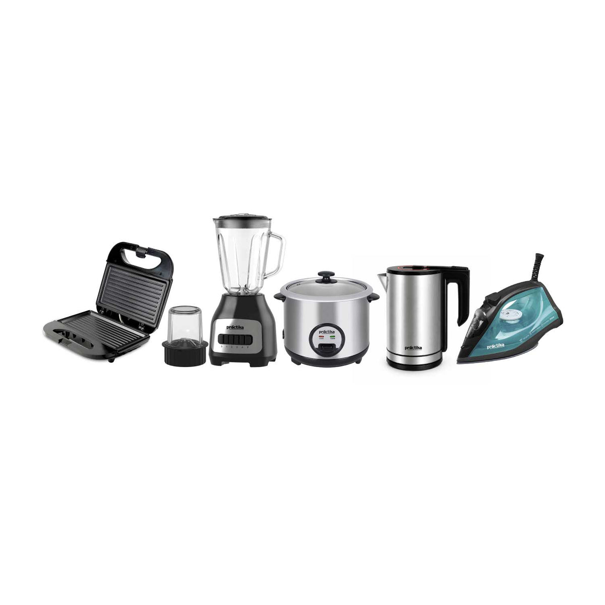 Pentacombo Practika Licuadora 1.6L + Arrocera 1.5L + Hervidor 1.8L + Plancha a vapor + Sandwichera