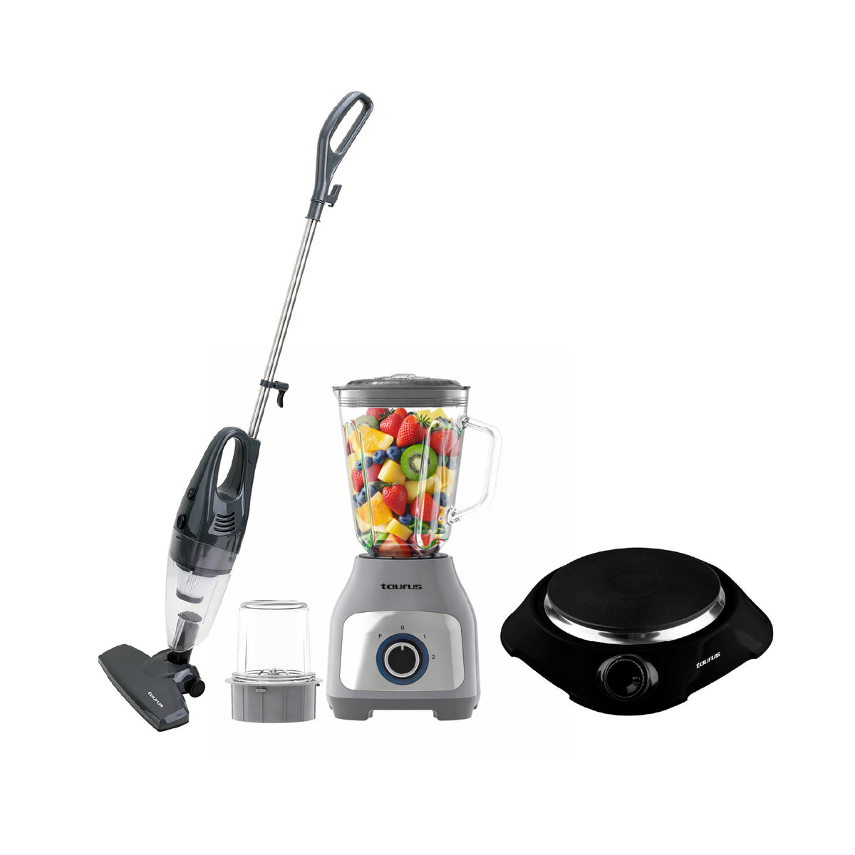 Tricombo Taurus Licuadora Silver premium 1.5L + Aspiradora escoba TVC100G + Cocina eléctrica Fenix 1 hornilla