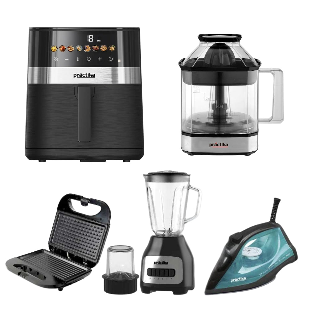 Pentacombo Practika Freidora 5.5L + Licuadora 1.6L + Exprimidor + Sandwichera + Plancha a vapor