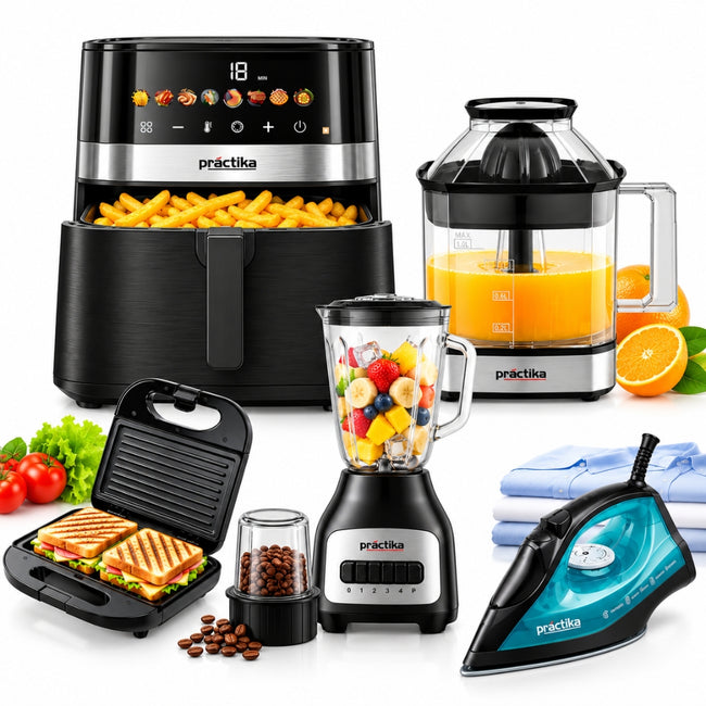 Pentacombo Practika Freidora 5.5L + Licuadora 1.6L + Exprimidor + Sandwichera + Plancha a vapor