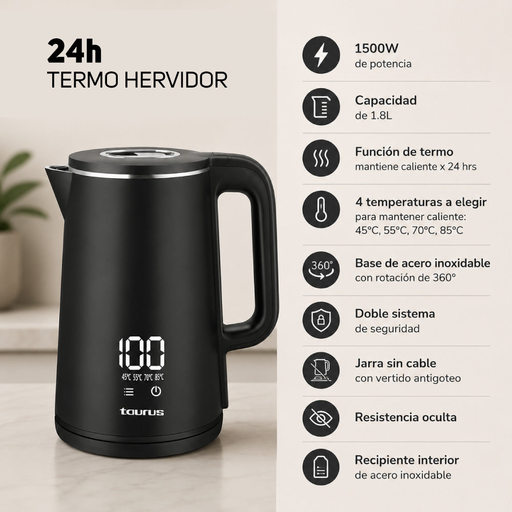Hervidor Taurus eléctrico modelo Digital Negro 1.8 litros