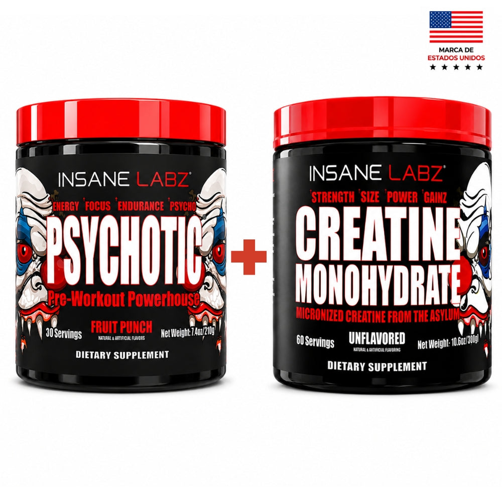 Combo Insane Labz Psychotic Pre Entreno 210G 30 Servicios Fruit Punch + Creatina Monohidratada Micronizada 300G 60 Servicios