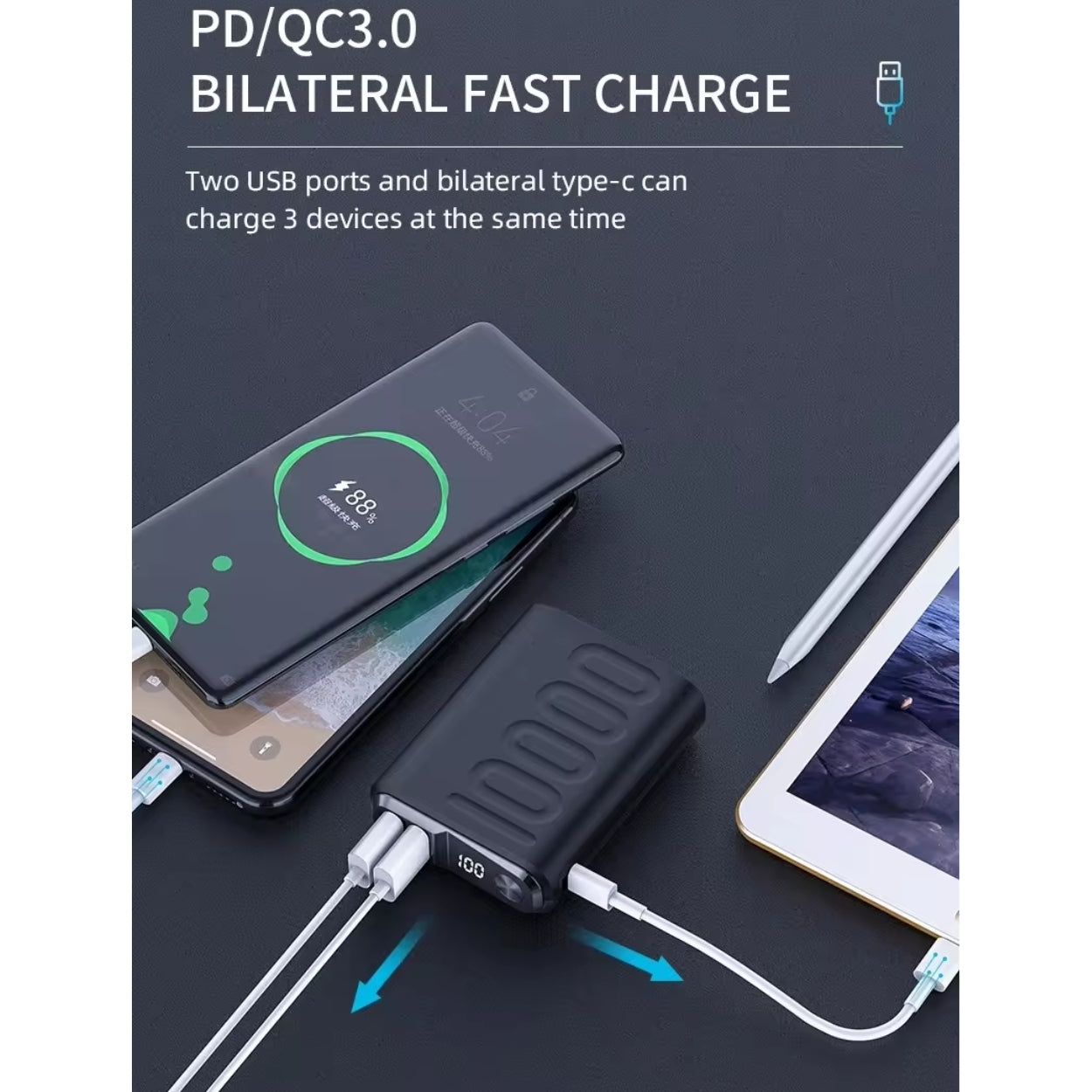 Power Bank Carga rápida QC3.0+PD 10,000mAh LED 22.5W Negro (VQ-P129)