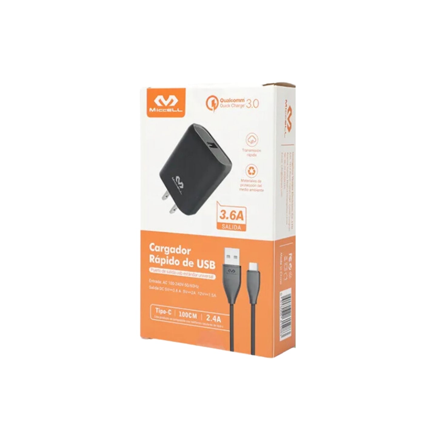 Cargador Carga rapida Qualcomm Quick Charger 3.0 - 5V / 3.6A, Cable Tipo C  (1 metro)