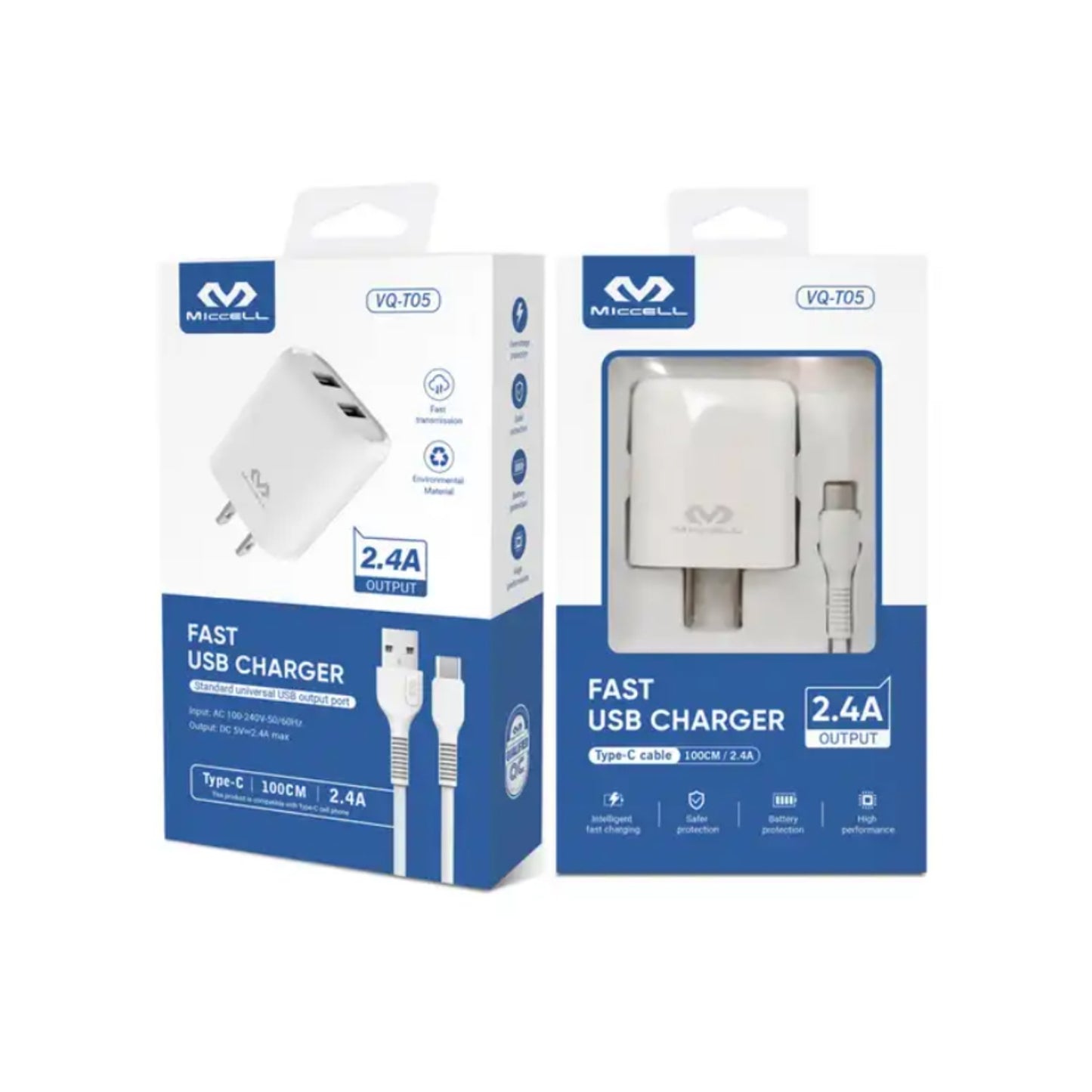 Cargador para celular - USB x2, 5V / 2.4A, Incluye Cable Tipo C