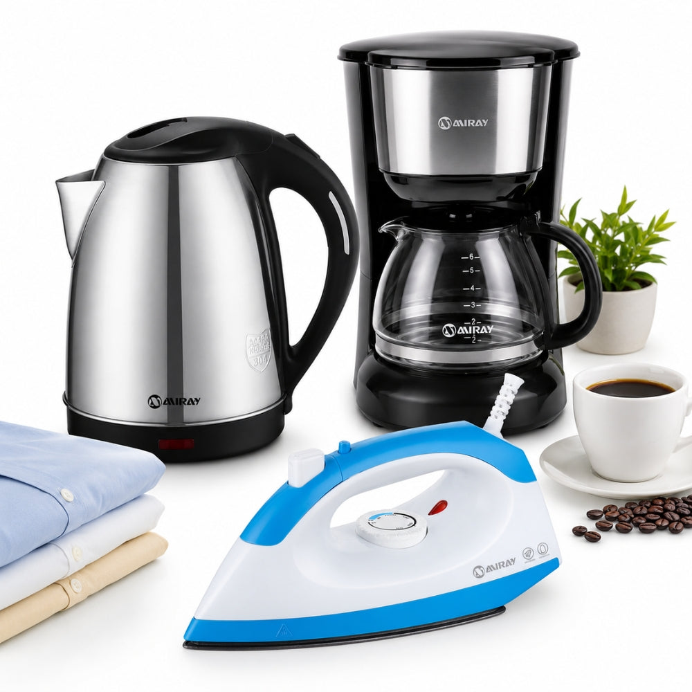 Combo Miray Hervidor 1.8L Gris + Cafetera 6 Tazas Negra + Plancha 1200W Azul