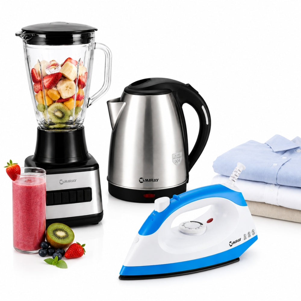 Combo Miray Licuadora 1.5L Negra + Hervidor 1.8L Gris + Plancha 1200W Azul