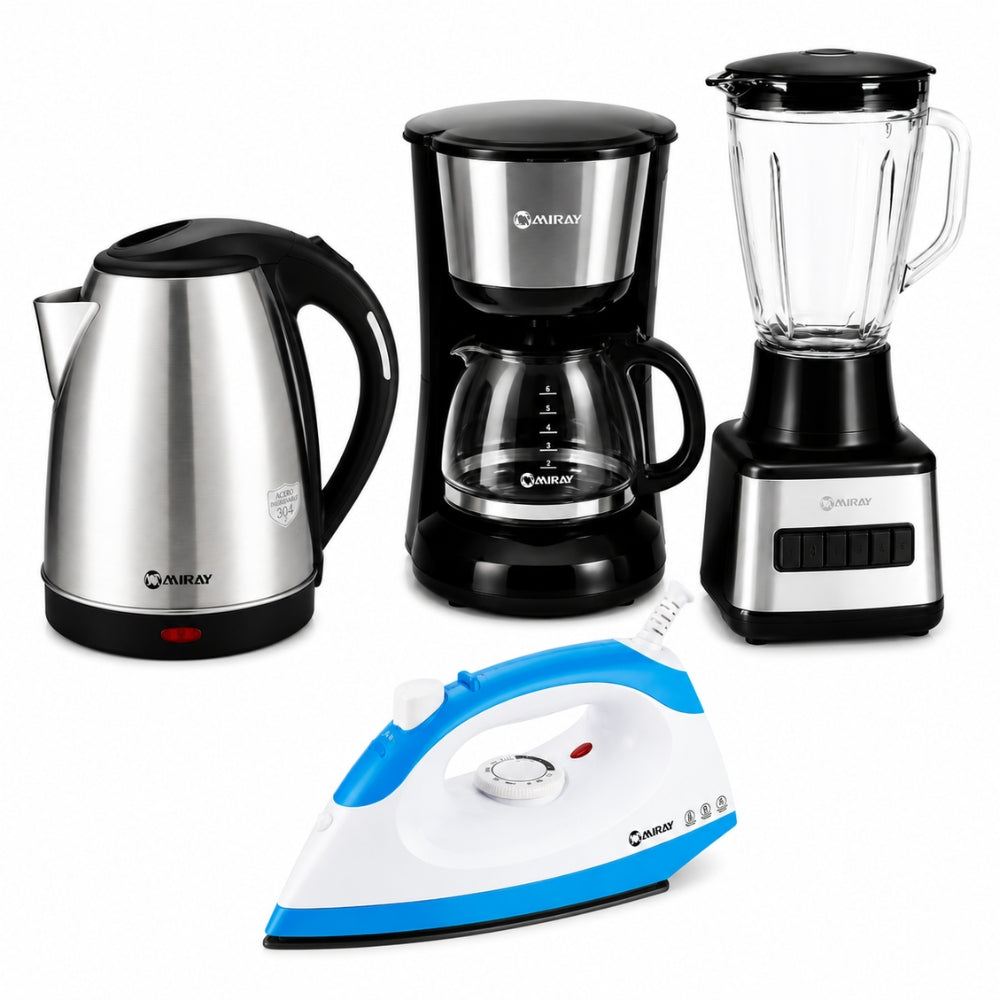 Combo Miray Licuadora 1.5L Negra + Hervidor 1.8L Gris + Cafetera 6 Tazas Negra + Plancha 1200W Azul