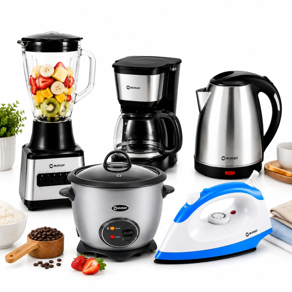 Pentacombo Miray Licuadora 1.5L Negra + Hervidor 1.8L Acero + Cafetera 6 Tazas Negra + Olla Arrocera 1.5L Plateada + Plancha 1200W Azul
