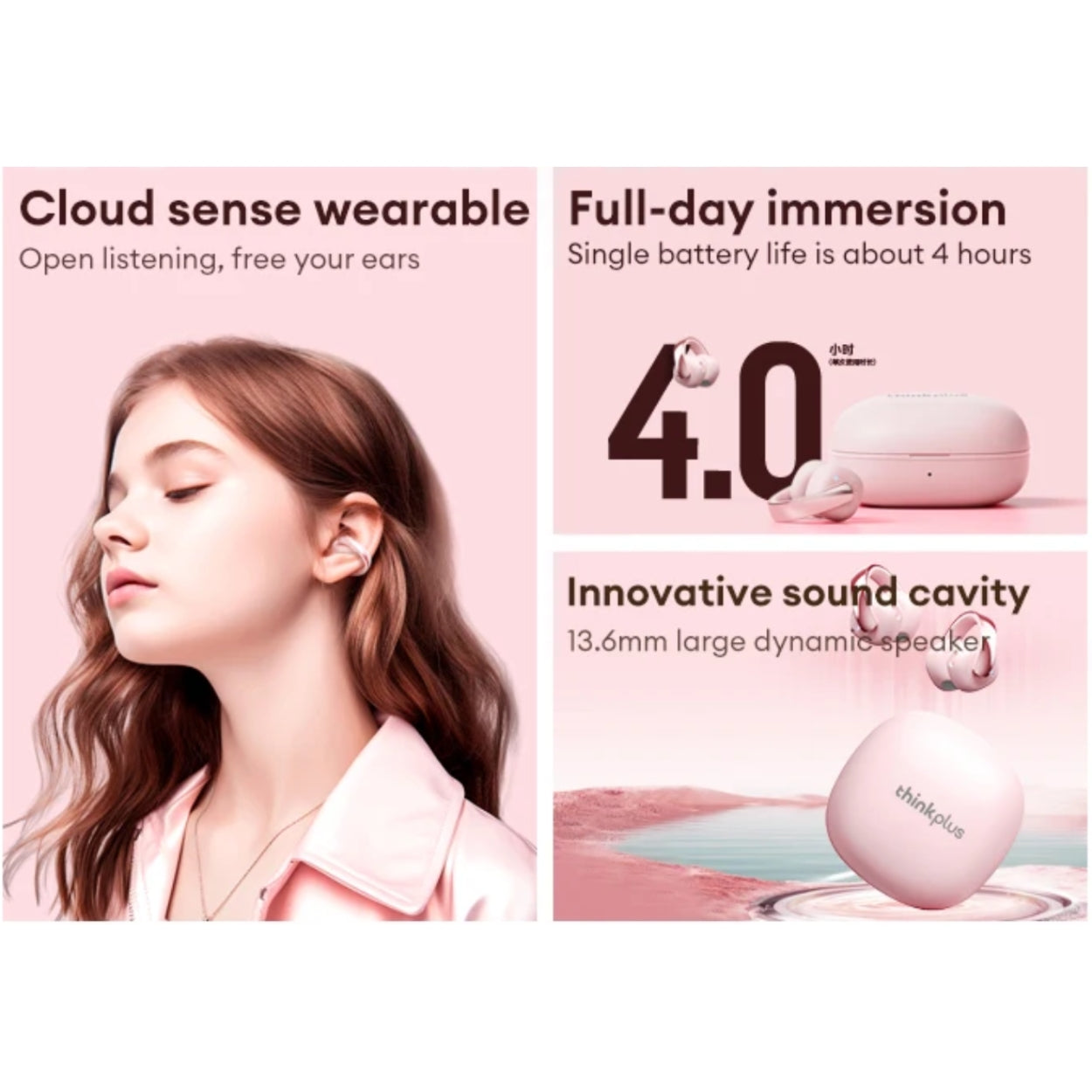 Audífono Lenovo LP38 Clip ear Rosado 30h Bluetooth 5.4