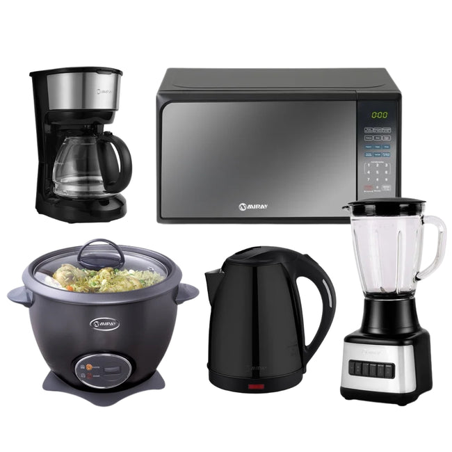 Combo Miray Olla Arrocera Negro 1.5L + Licuadora 1.5L + Horno Microondas 20L + Hervidor 1.8 Litros Negro + Cafetera 6 Tazas