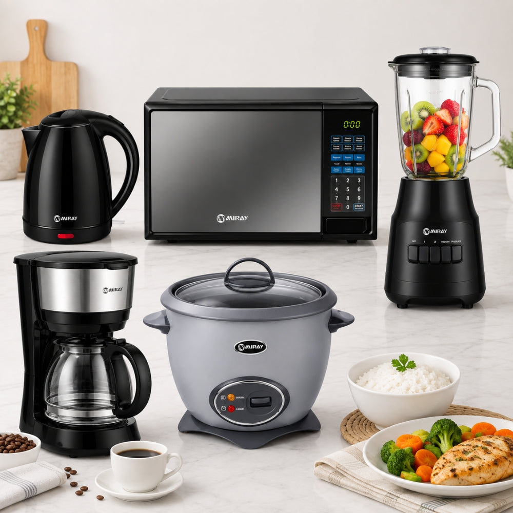 PentaCombo Miray Olla Arrocera Gris 1.5L + Licuadora 1.5L 600W + Horno Microondas 20L + Hervidor 1.8 Litros Negro + Cafetera 6 Tazas
