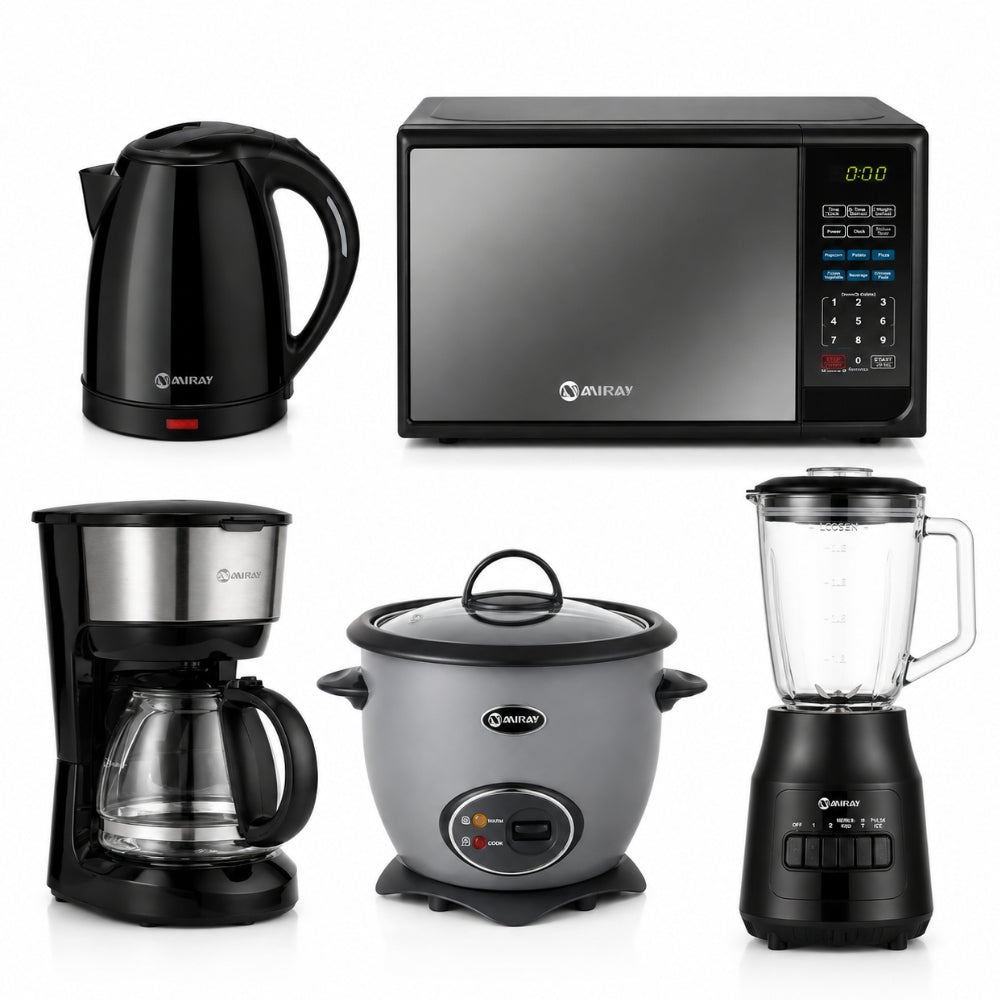 PentaCombo Miray Olla Arrocera Gris 1.5L + Licuadora 1.5L 600W + Horno Microondas 20L + Hervidor 1.8 Litros Negro + Cafetera 6 Tazas
