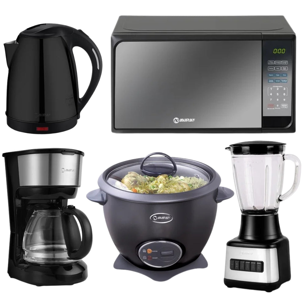 Combo Miray Olla Arrocera Negro 1.5L + Licuadora 1.5L + Horno Microondas 20L + Hervidor 1.8 Litros Negro + Cafetera 6 Tazas